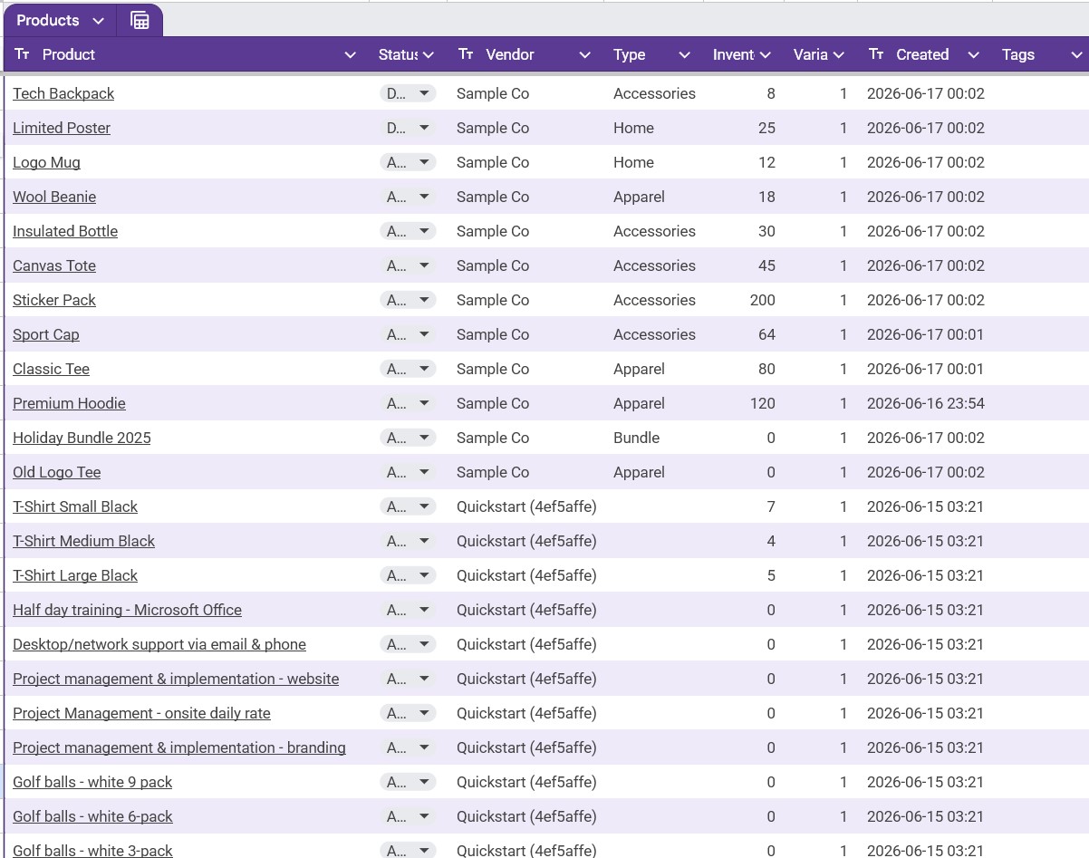 Products - status, inventory, and variants at a glance.